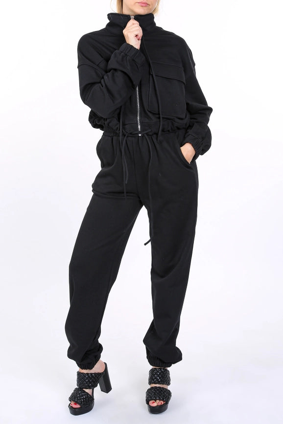 Cropped Utility Jacket and Joggers Set-Set-Beulah Style-S-Black-Urbanheer