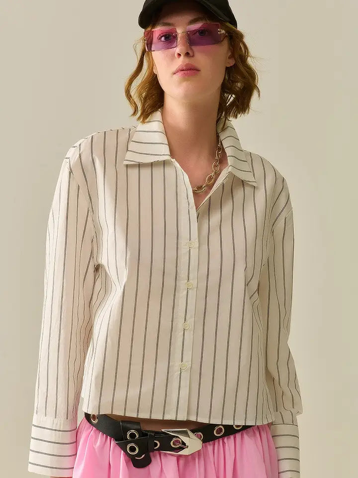Cropped White Striped Poplin Shirt-Shirt-Q2-S-WHITE-Urbanheer