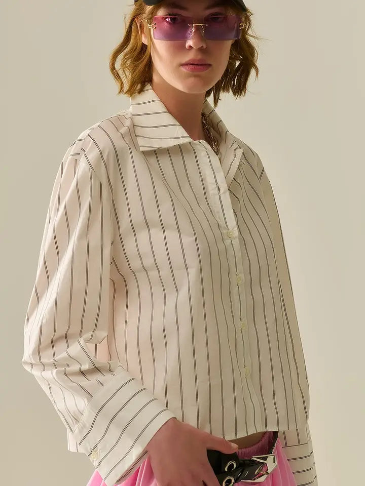 Cropped White Striped Poplin Shirt-Shirt-Q2-S-WHITE-Urbanheer