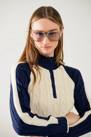 Cropped White and Navy Sweater with Neck Zipper-Sweater-Q2-S-Blue-Urbanheer