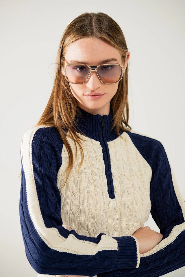 Cropped White and Navy Sweater with Neck Zipper-Sweater-Q2-S-Blue-Urbanheer