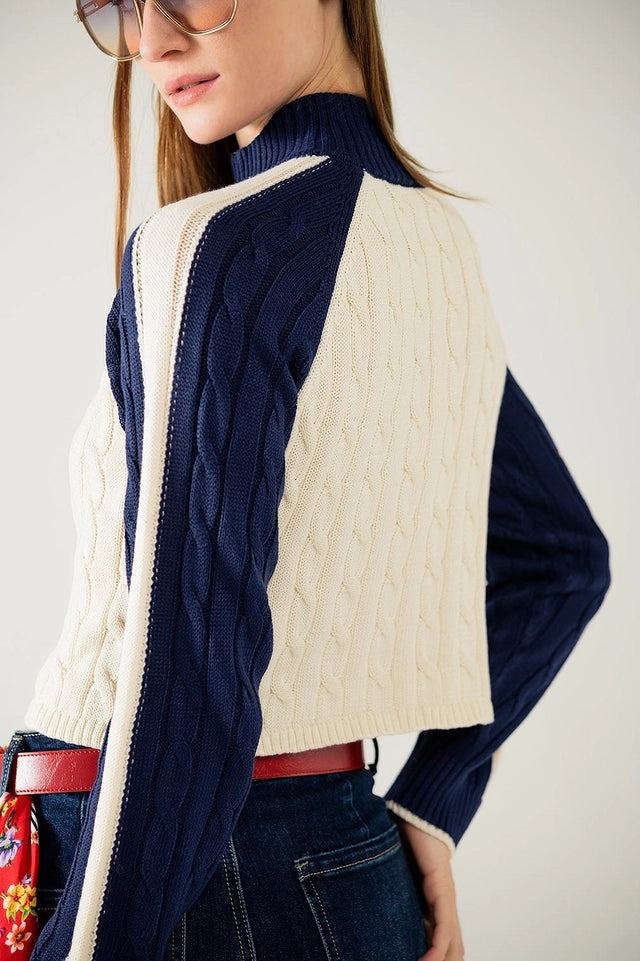 Cropped White and Navy Sweater with Neck Zipper-Sweater-Q2-S-Blue-Urbanheer