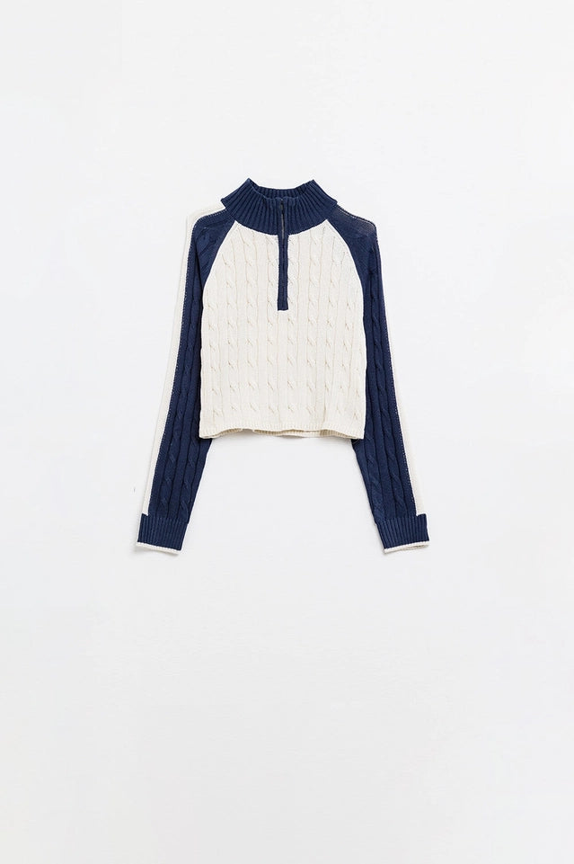 Cropped White and Navy Sweater with Neck Zipper-Sweater-Q2-S-Blue-Urbanheer