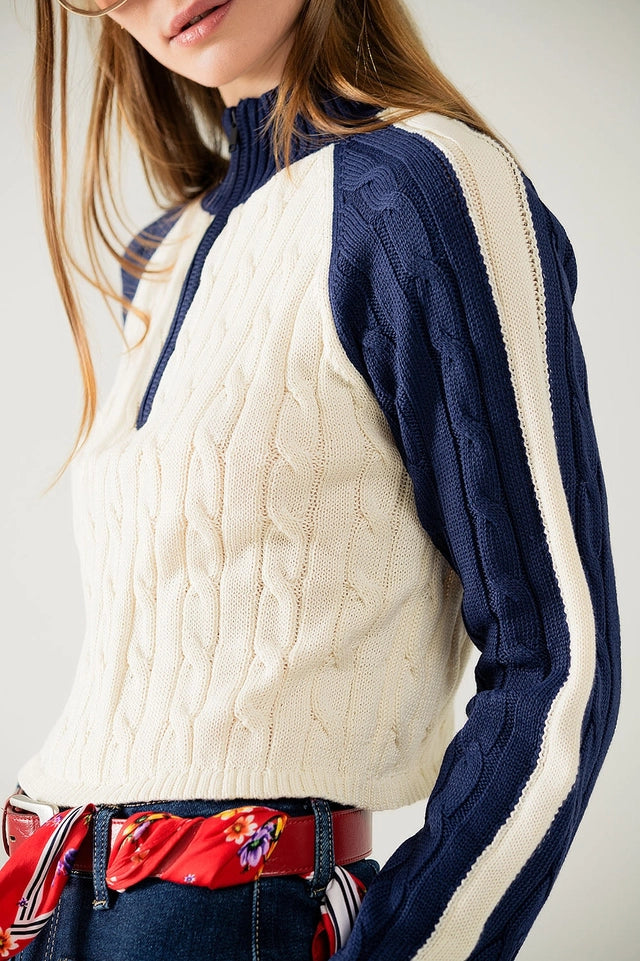 Cropped White and Navy Sweater with Neck Zipper-Sweater-Q2-S-Blue-Urbanheer