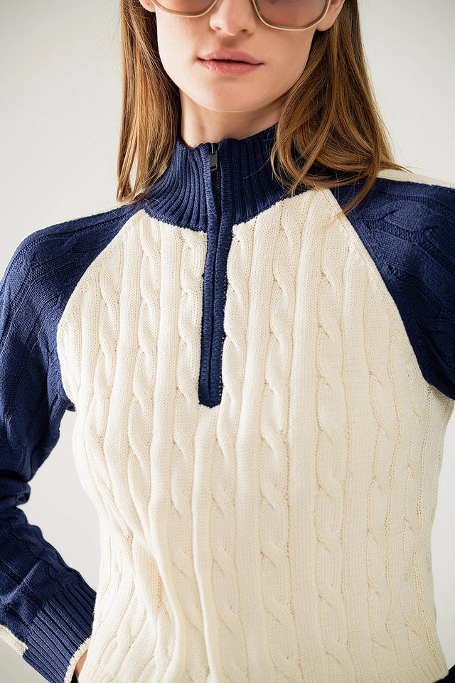 Cropped White and Navy Sweater with Neck Zipper-Sweater-Q2-S-Blue-Urbanheer