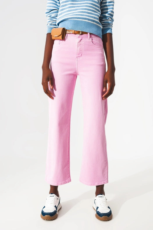 Cropped Wide Leg Jeans In Bubblegum Pink