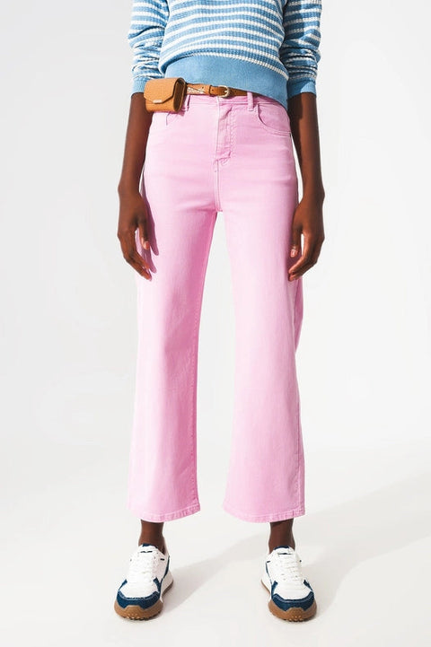 Cropped Wide Leg Jeans In Bubblegum Pink-Jeans-Q2-XS-Pink-Urbanheer