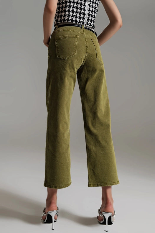 Cropped Wide Leg Jeans In Olive Green-Jeans-Q2-XS-Green-Urbanheer