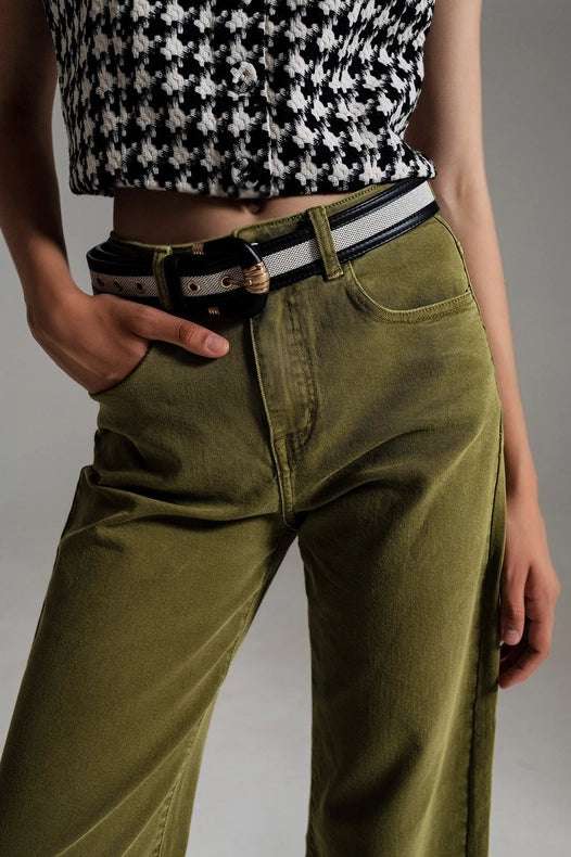 Cropped Wide Leg Jeans In Olive Green-Jeans-Q2-XS-Green-Urbanheer