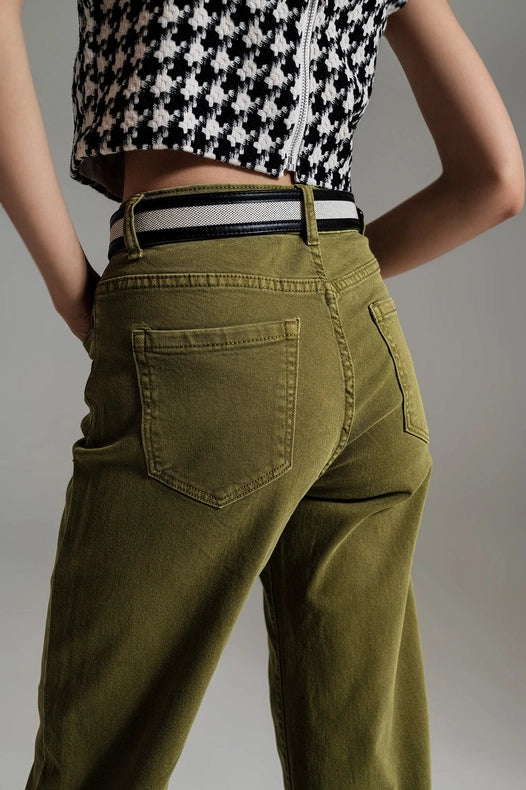 Cropped Wide Leg Jeans In Olive Green