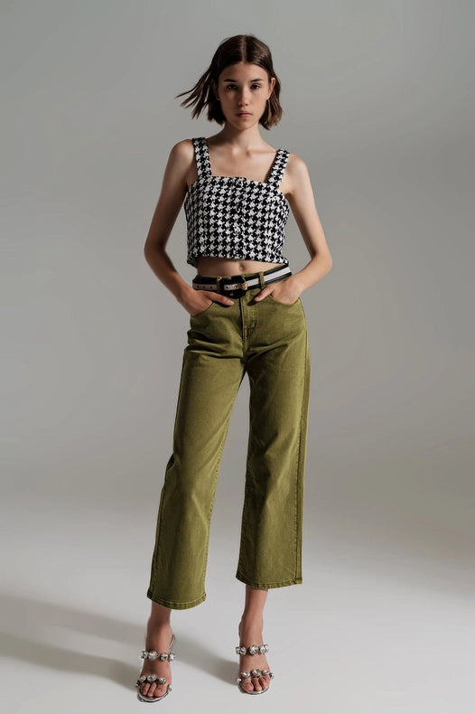 Cropped Wide Leg Jeans In Olive Green-Jeans-Q2-XS-Green-Urbanheer