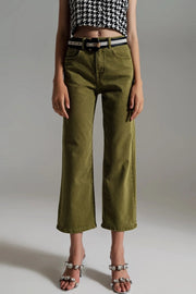 Cropped Wide Leg Jeans In Olive Green-Jeans-Q2-XS-Green-Urbanheer
