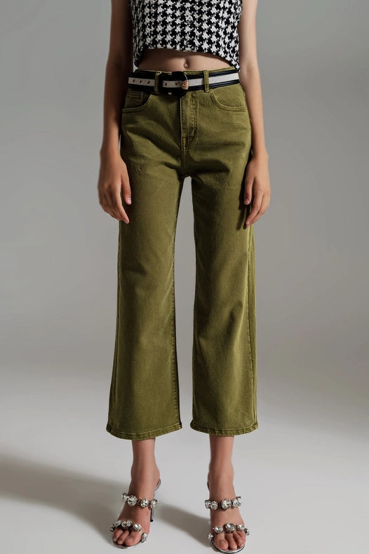Cropped Wide Leg Jeans In Olive Green-Jeans-Q2-XS-Green-Urbanheer