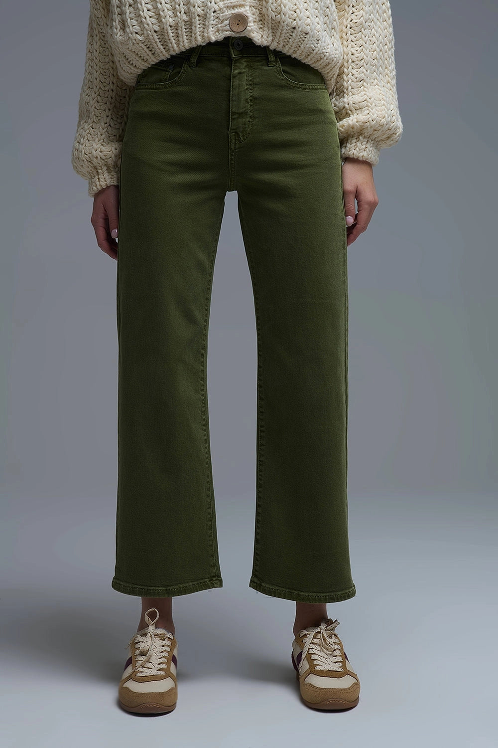 Cropped Wide Leg Jeans in Olive Green