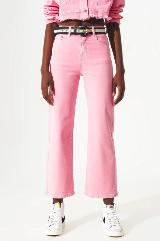 Cropped Wide Leg Jeans In Pink