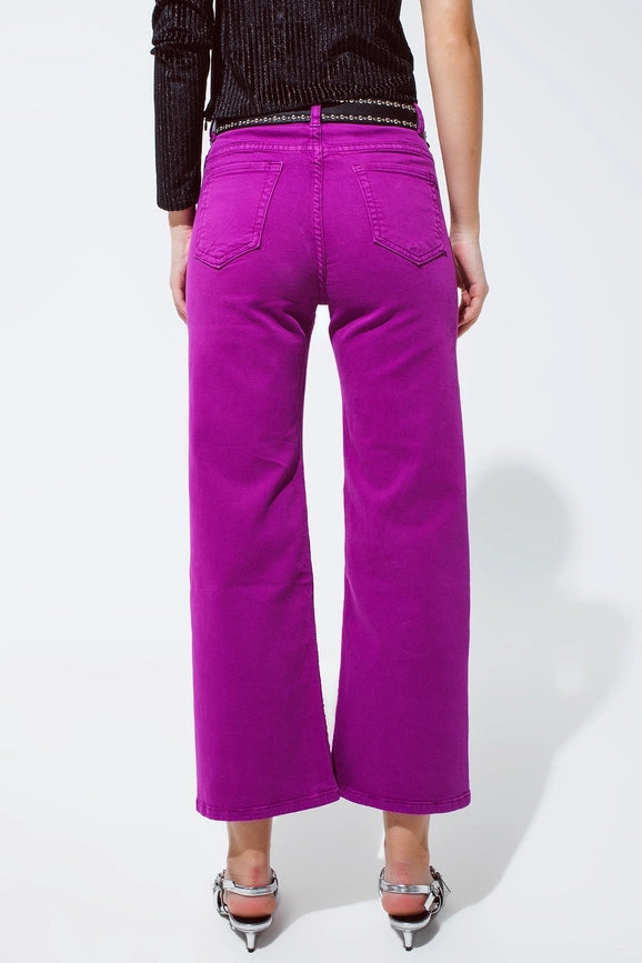 Cropped Wide Leg Jeans in Violet 3/4 Length-Jeans-Q2-XS-Fuchsia-Urbanheer