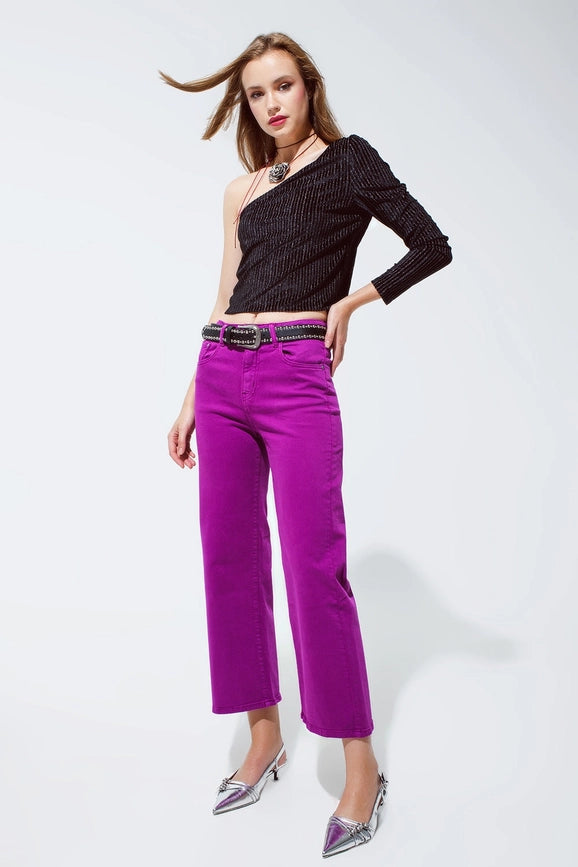 Cropped Wide Leg Jeans in Violet 3/4 Length-Jeans-Q2-XS-Fuchsia-Urbanheer