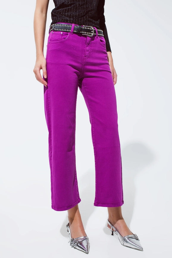 Cropped Wide Leg Jeans in Violet 3/4 Length-Jeans-Q2-XS-Fuchsia-Urbanheer