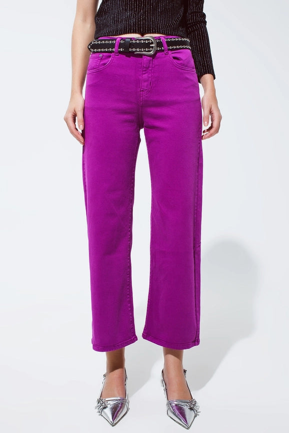 Cropped Wide Leg Jeans in Violet 3/4 Length-Jeans-Q2-XS-Fuchsia-Urbanheer