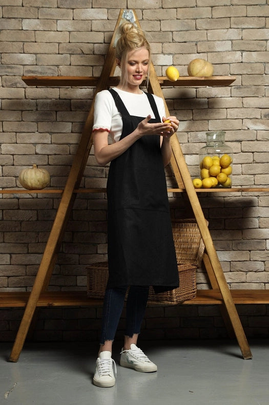 Cross-Back Linen Apron in Black-Apron-Truly Linen-One size-Black-Urbanheer