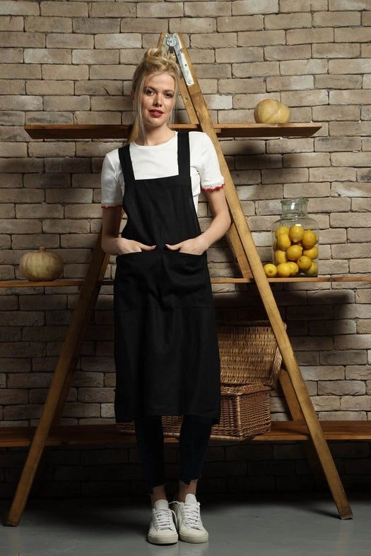 Cross-Back Linen Apron in Black-Apron-Truly Linen-One size-Black-Urbanheer