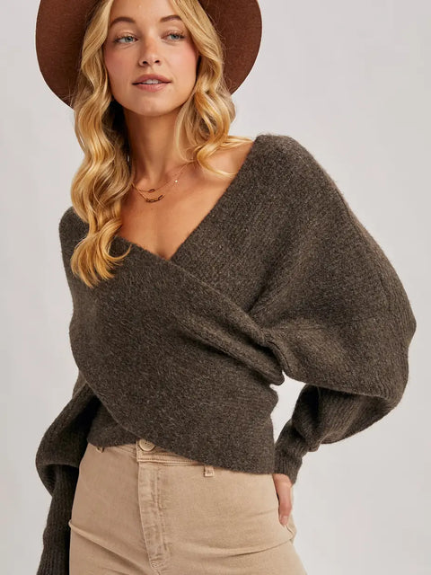 Crossover Ribbed Pullover Sweater