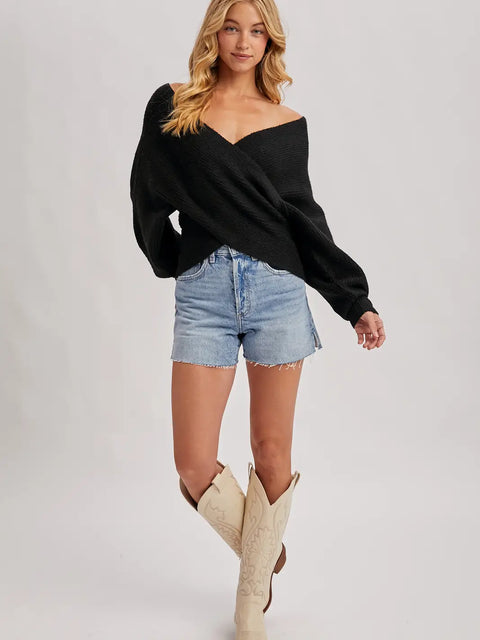 Crossover Ribbed Pullover Sweater