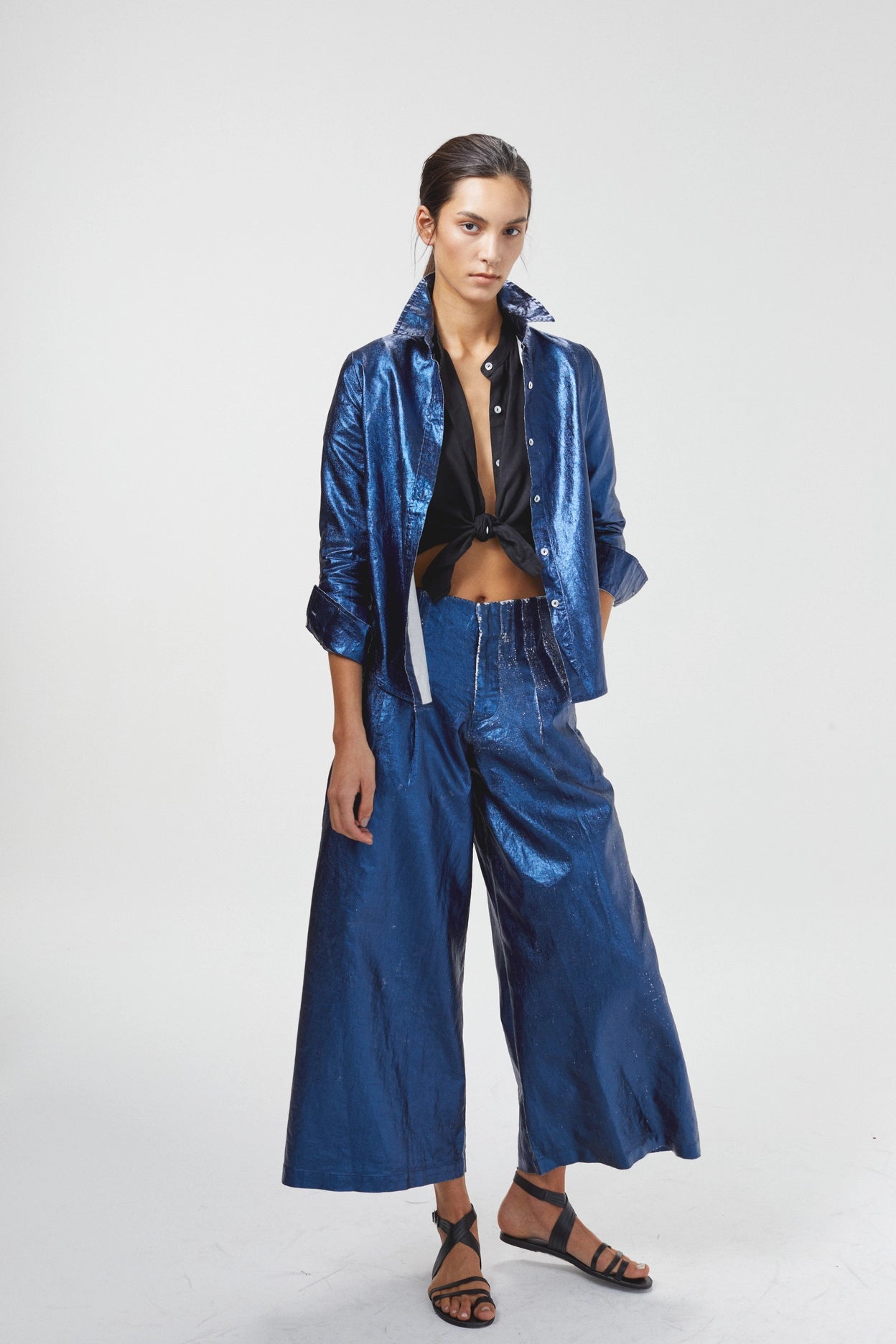 Culotte Metallic Linen Pant - Dark Blue