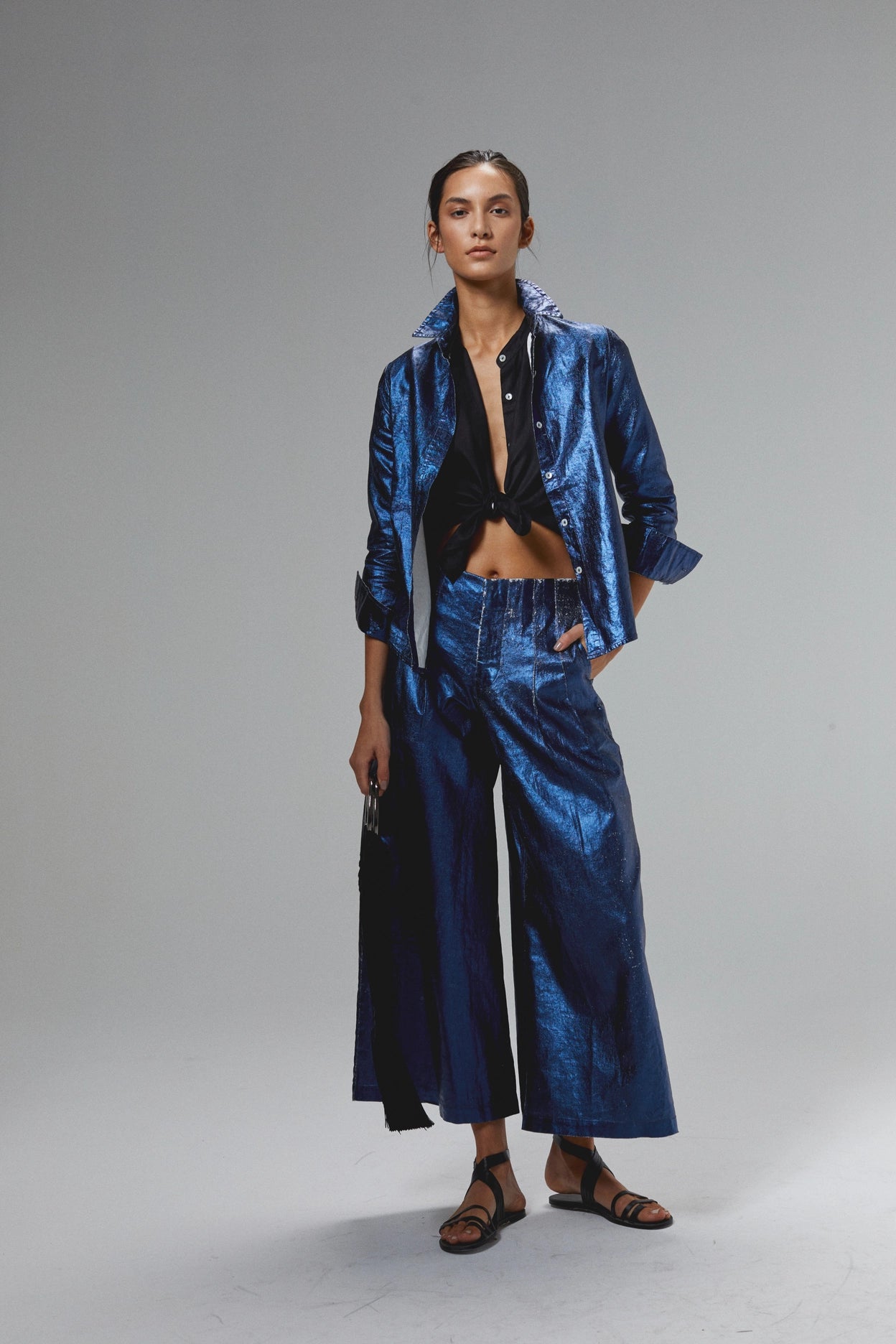 Culotte Metallic Linen Pant - Dark Blue