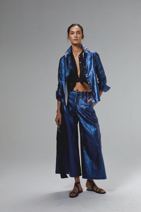 Culotte Metallic Linen Pant - Dark Blue