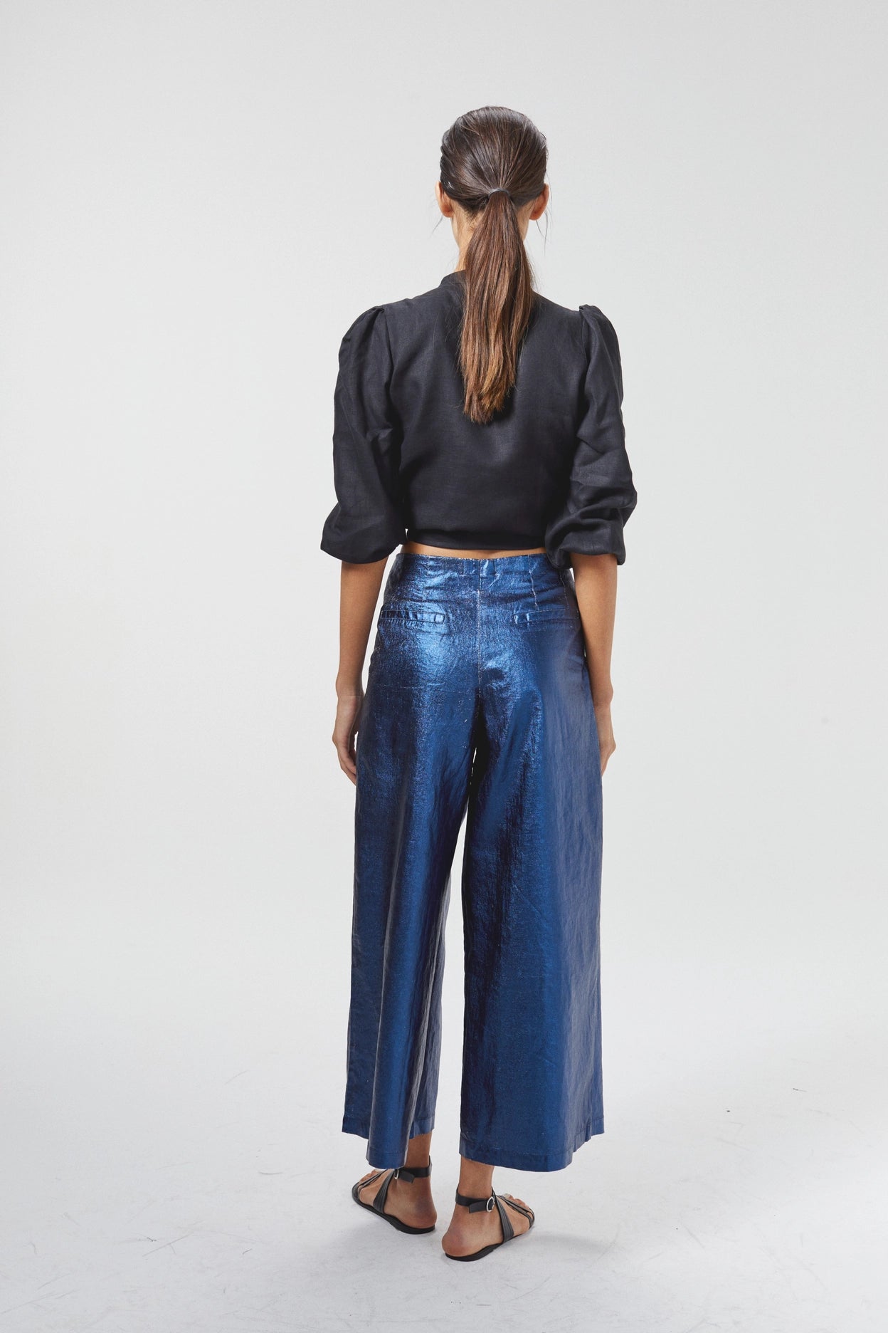Culotte Metallic Linen Pant - Dark Blue