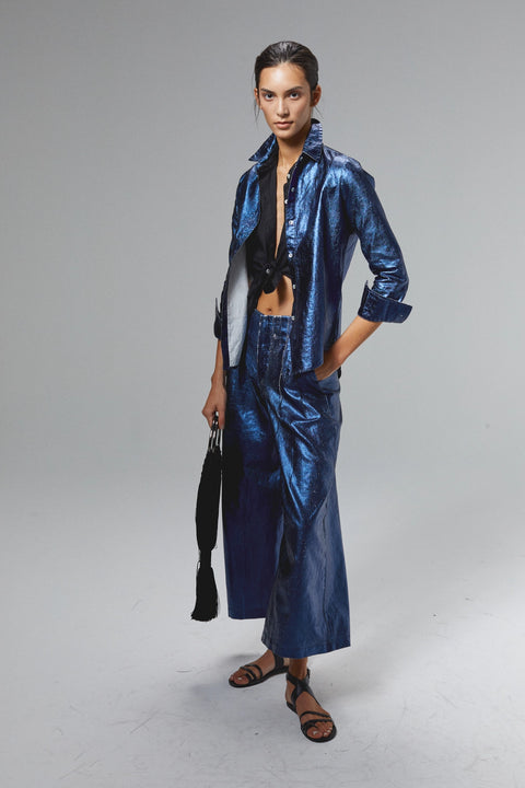 Culotte Metallic Linen Pant - Dark Blue