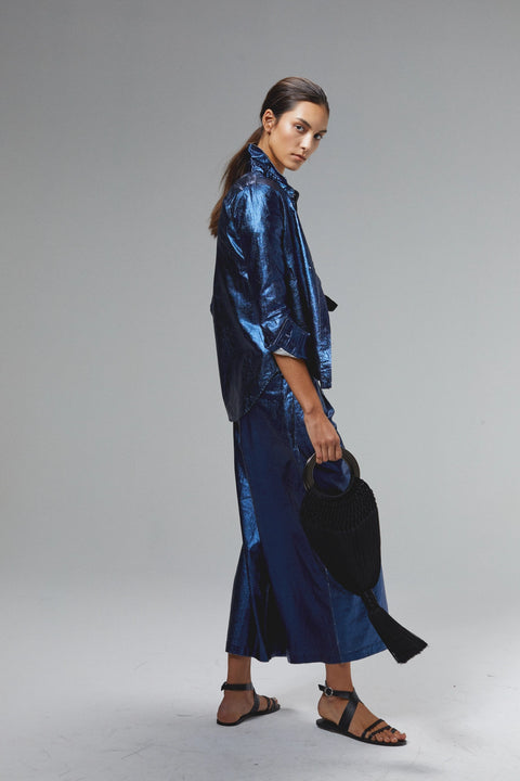 Culotte Metallic Linen Pant - Dark Blue
