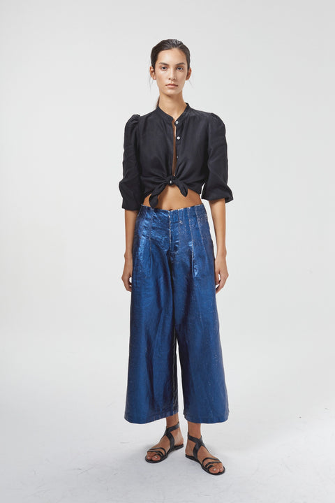 Culotte Metallic Linen Pant - Dark Blue