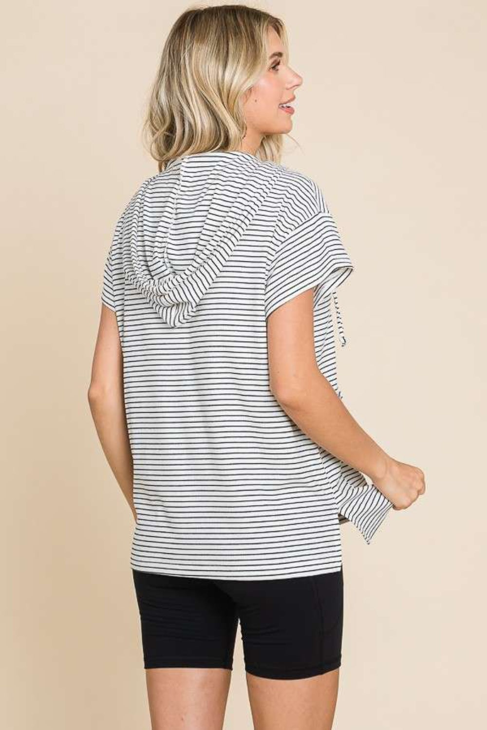 Culture Code Full Size Striped Short Sleeve Hooded Top-Street 360-Black-S-Urbanheer
