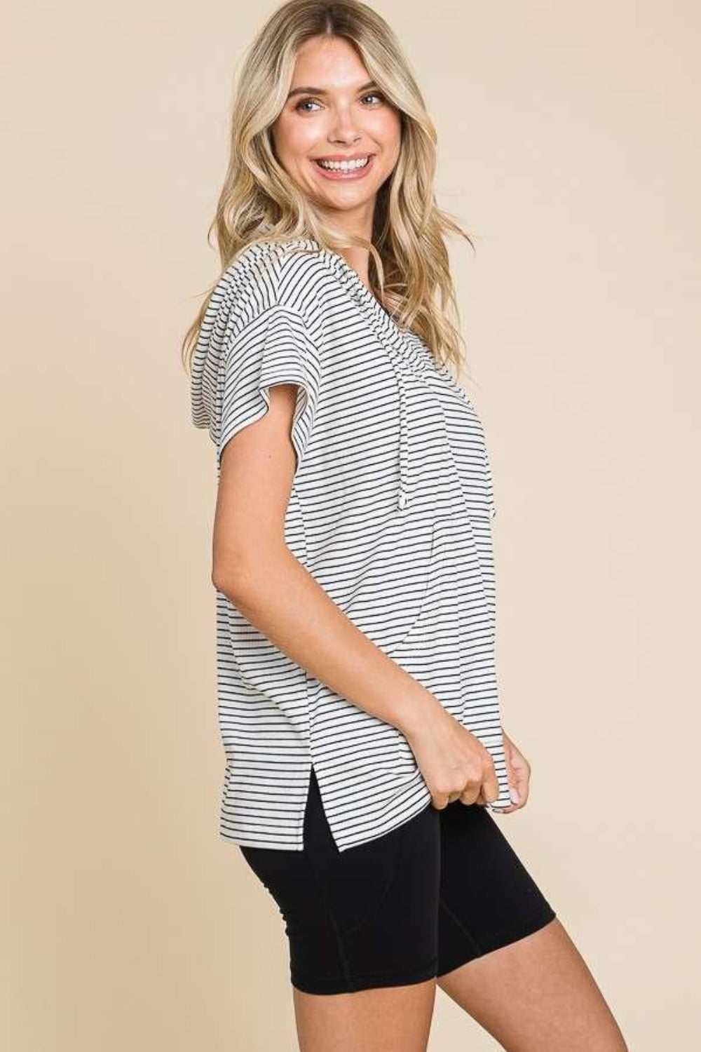 Culture Code Full Size Striped Short Sleeve Hooded Top-Street 360-Black-S-Urbanheer