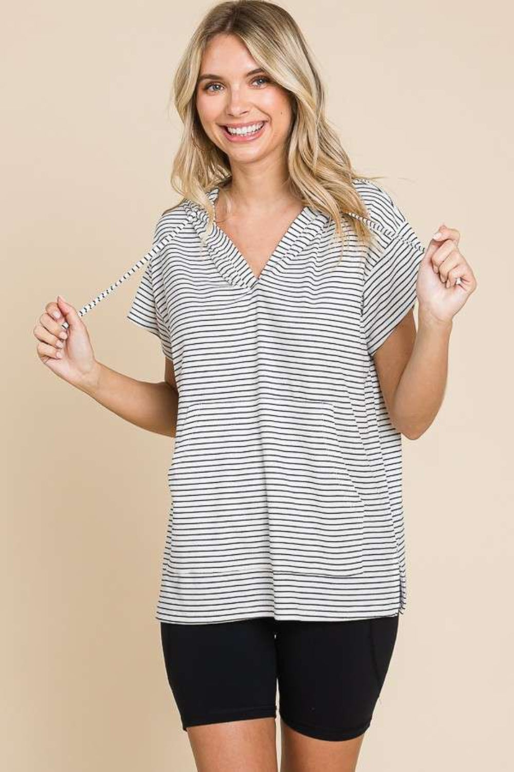 Culture Code Full Size Striped Short Sleeve Hooded Top-Street 360-Black-S-Urbanheer