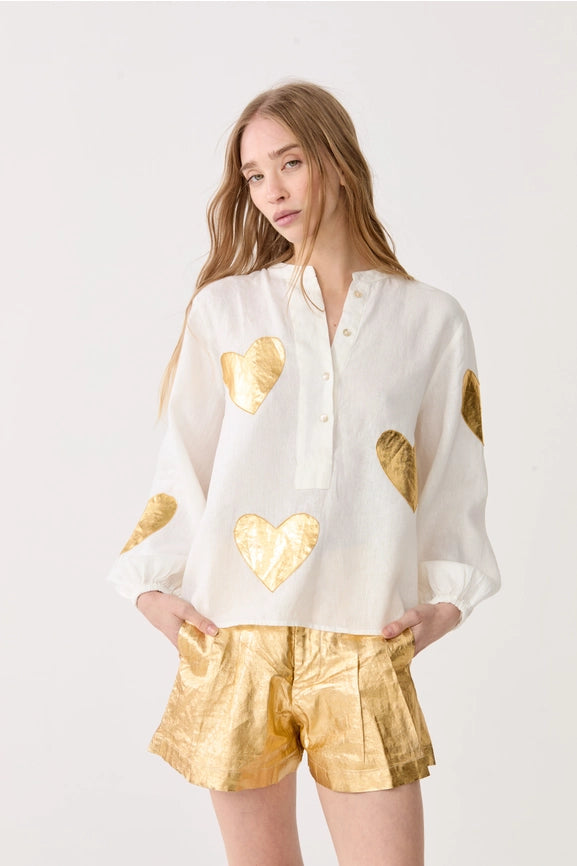 Cupid Linen Shirt - Off-White w/ Gold Hearts-Shirt-Lanhtropy-XS-Off-White with Gold Hearts-Urbanheer