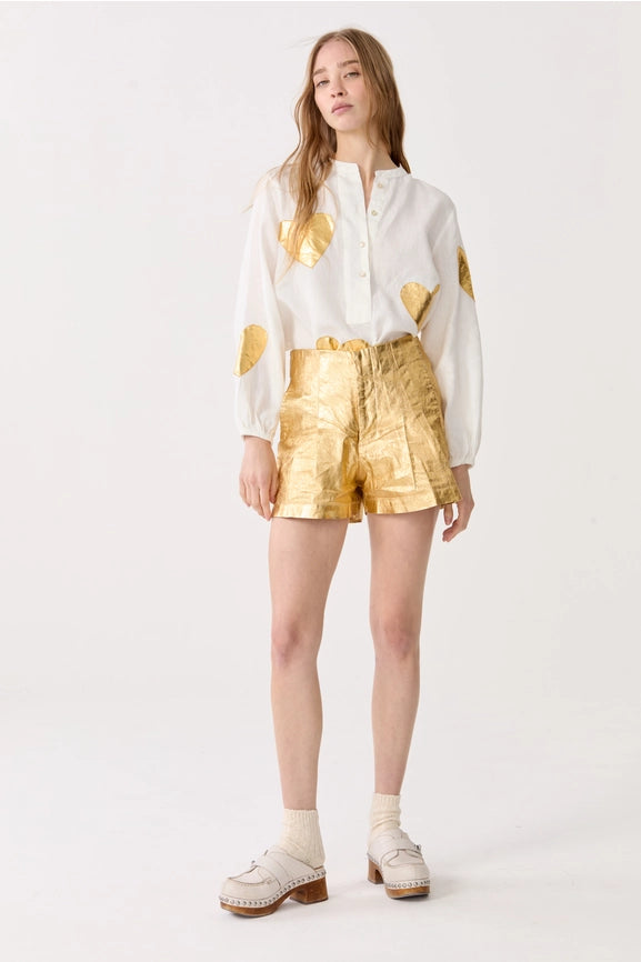 Cupid Linen Shirt - Off-White w/ Gold Hearts-Shirt-Lanhtropy-XS-Off-White with Gold Hearts-Urbanheer