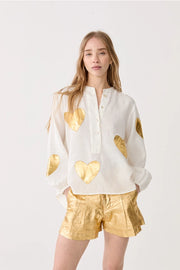 Cupid Linen Shirt - Off-White w/ Gold Hearts-Shirt-Lanhtropy-XS-Off-White with Gold Hearts-Urbanheer