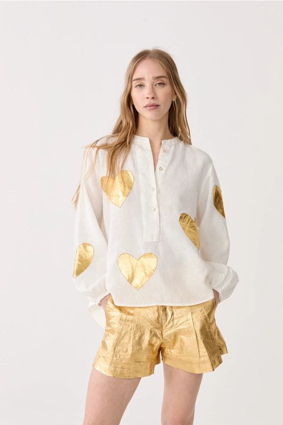 Cupid Linen Shirt - Off-White w/ Gold Hearts-Shirt-Lanhtropy-XS-Off-White with Gold Hearts-Urbanheer