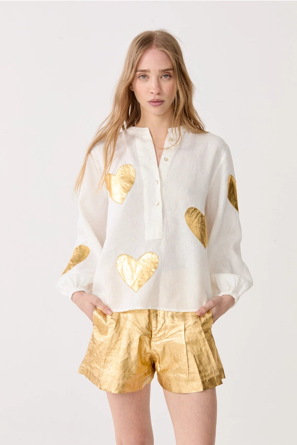 Cupid Linen Shirt - Off-White w/ Gold Hearts-Shirt-Lanhtropy-XS-Off-White with Gold Hearts-Urbanheer