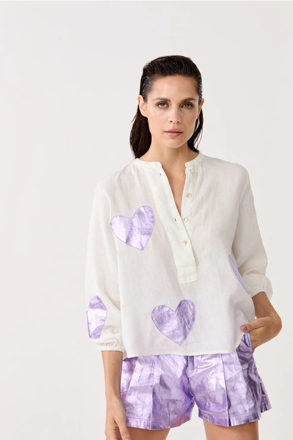 Cupid Linen Shirt - Off-White w/ Metallic Violet Hearts-Shirt-Lanhtropy-XS-off-white with violet hearts-Urbanheer