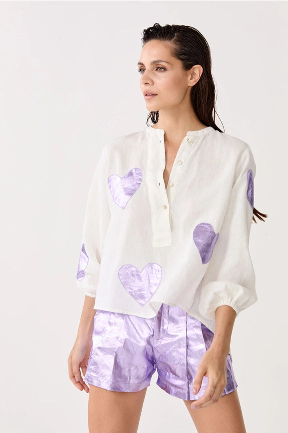Cupid Linen Shirt - Off-White w/ Metallic Violet Hearts-Shirt-Lanhtropy-XS-off-white with violet hearts-Urbanheer
