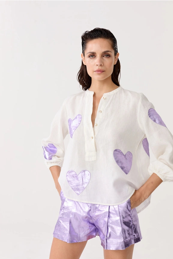 Cupid Linen Shirt - Off-White w/ Metallic Violet Hearts-Shirt-Lanhtropy-XS-off-white with violet hearts-Urbanheer