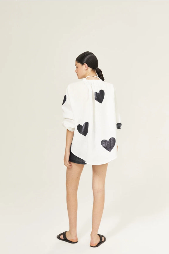 Cupid Linen Shirt - Off-White with Metallic Black Hearts-Shirt-Lanhtropy-S-Off-white w/Foil Dark Blue Hearts-Urbanheer