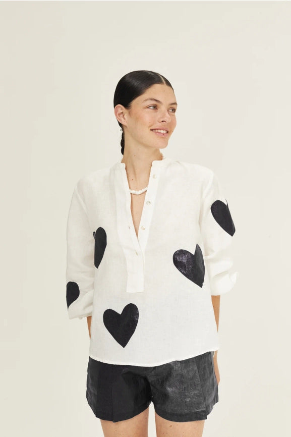Cupid Linen Shirt - Off-White with Metallic Black Hearts-Shirt-Lanhtropy-S-Off-white w/Foil Dark Blue Hearts-Urbanheer