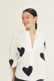 Cupid Linen Shirt - Off-White with Metallic Black Hearts-Shirt-Lanhtropy-S-Off-white w/Foil Dark Blue Hearts-Urbanheer