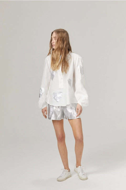 Cupid Linen Shirt - Off-White with Silver Hearts-Shirt-Lanhtropy-XS-off-white with violet hearts-Urbanheer