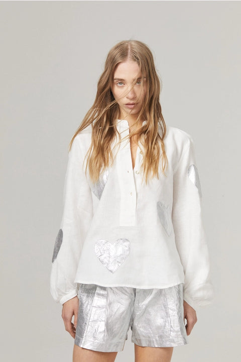 Cupid Linen Shirt - Off-White with Silver Hearts-Shirt-Lanhtropy-XS-off-white with violet hearts-Urbanheer